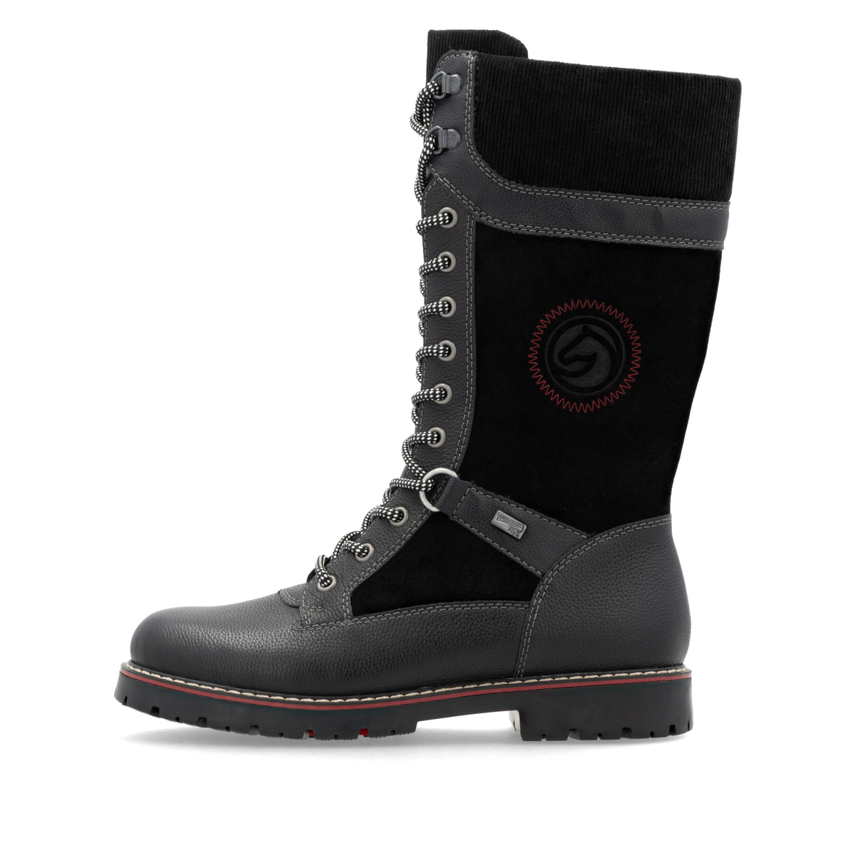 Tiefschwarze remonte Damen Schnürstiefel D9380-02 mit Flip-Grip Sohle. Schuh Außenseite.