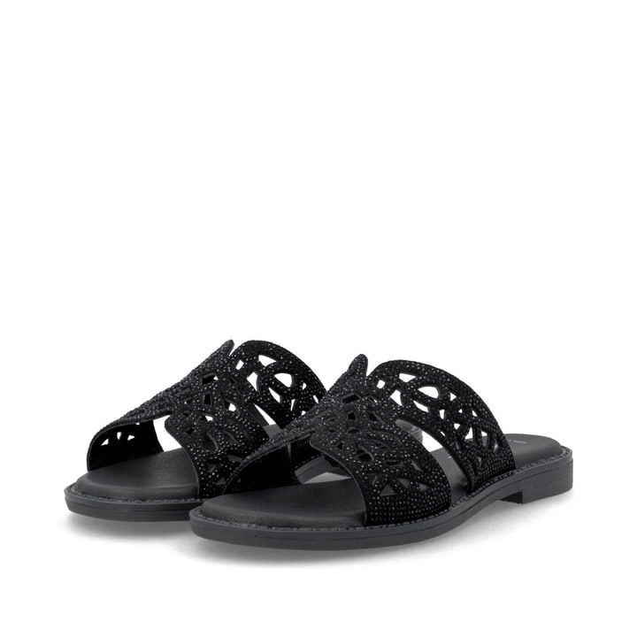 Mules remonte noires vegan pour femme D3647-00 avec bande élastique. Chaussures inclinées sur le côté.