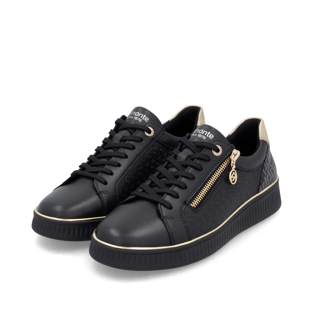 Schwarze remonte Damen Sneaker D2E00-03 mit goldenen Details. Schuhpaar seitlich schräg.