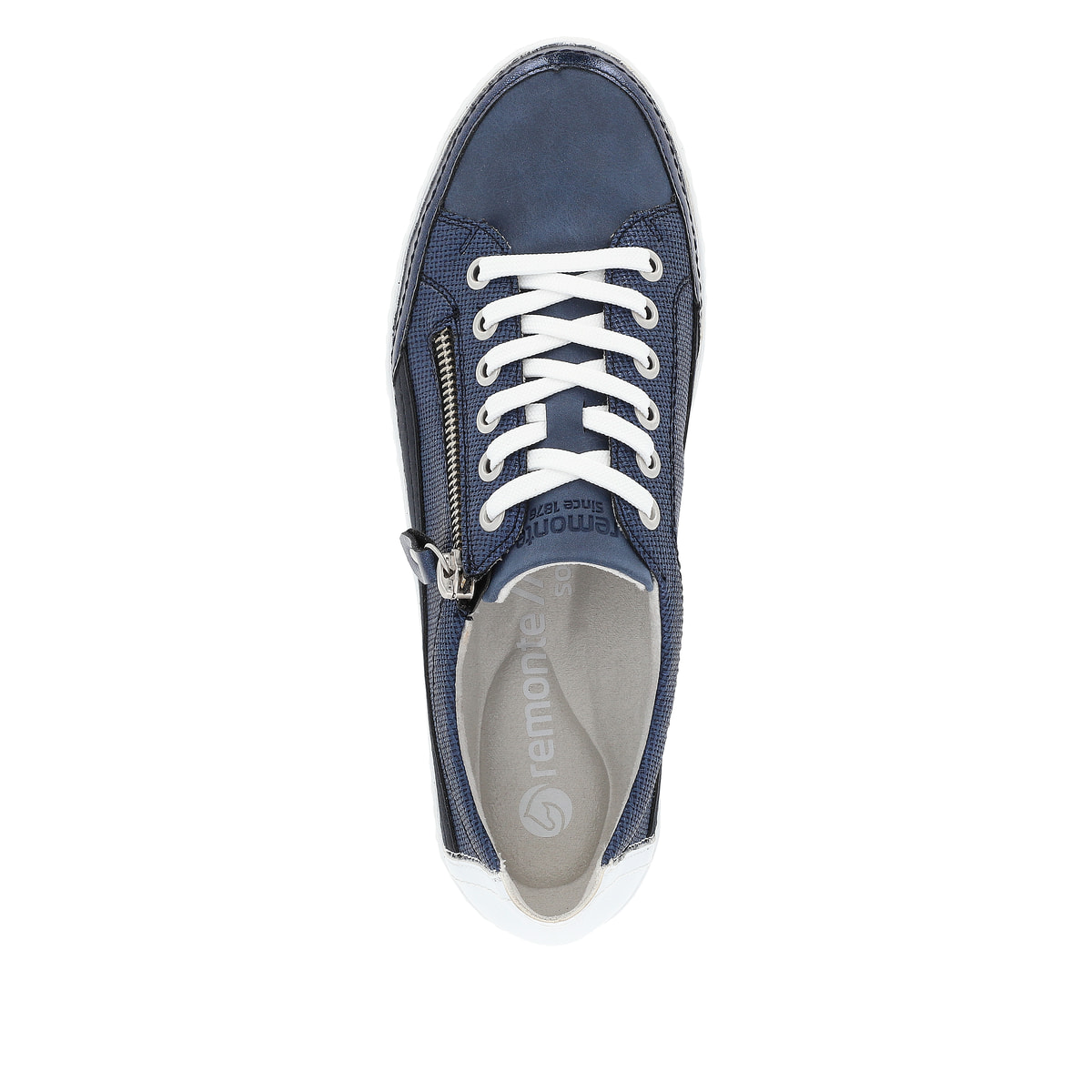 Blaue remonte Damen Sneaker Low D5826-15 mit einem Reißverschluss. Schuh von oben.