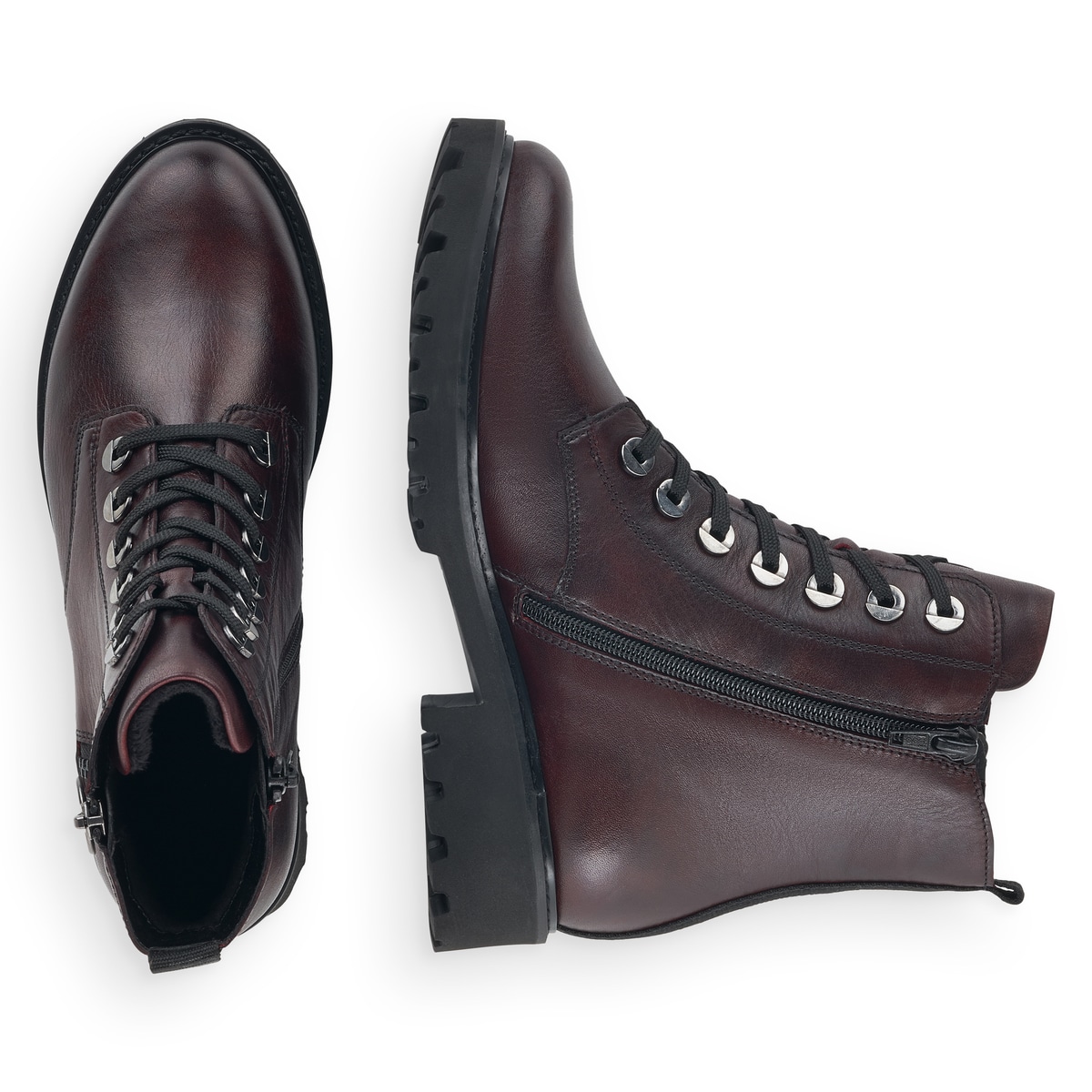 Bordeauxfarbene remonte Damen Schnürstiefel D8671-35 mit einem Reißverschluss. Schuh von oben, liegend.