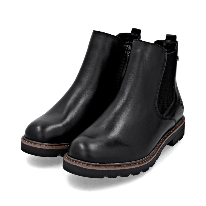 Schwarze remonte Chelsea Boots D2Q70-00 mit wasserabweisender remonteTEX-Membran. Schuhpaar seitlich schräg.