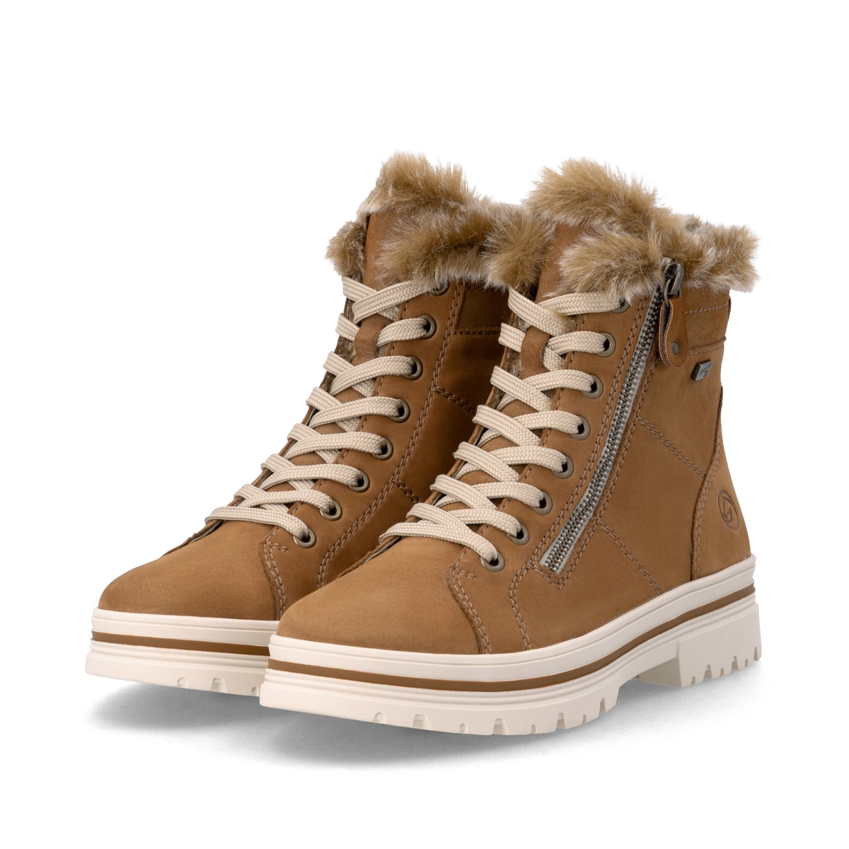 Cognacfarbene remonte Damen Schnürstiefel D2U73-22. Schuhpaar seitlich schräg.