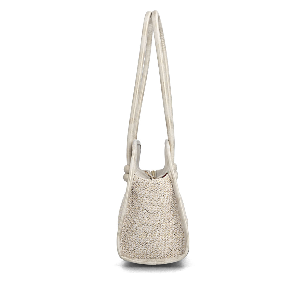 Sac à main remonte Q0768-60 beige avec poignées de transport avec perles décoratives et fermeture éclair. Côté droit.
