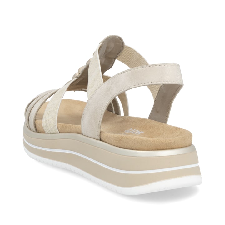 Goldene vegane remonte Riemchensandalen D1J60-91 mit einem Gummizug. Schuh von hinten.