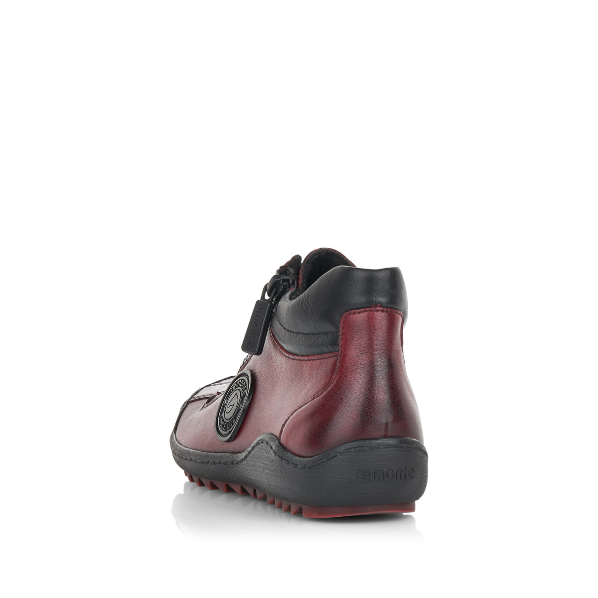 Weinrot-schwarze remonte Damen Schnürstiefel R1477-35 mit einem Reißverschluss. Schuh von hinten.
