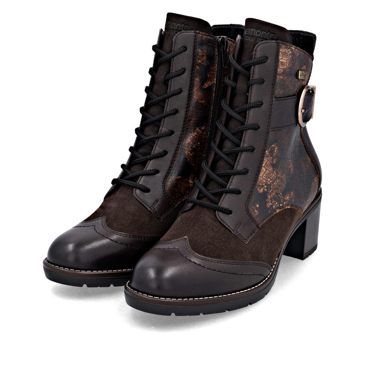 Dunkelbraun-bronzene remonte Damen Stiefeletten D2A77-25. Schuhpaar seitlich schräg.