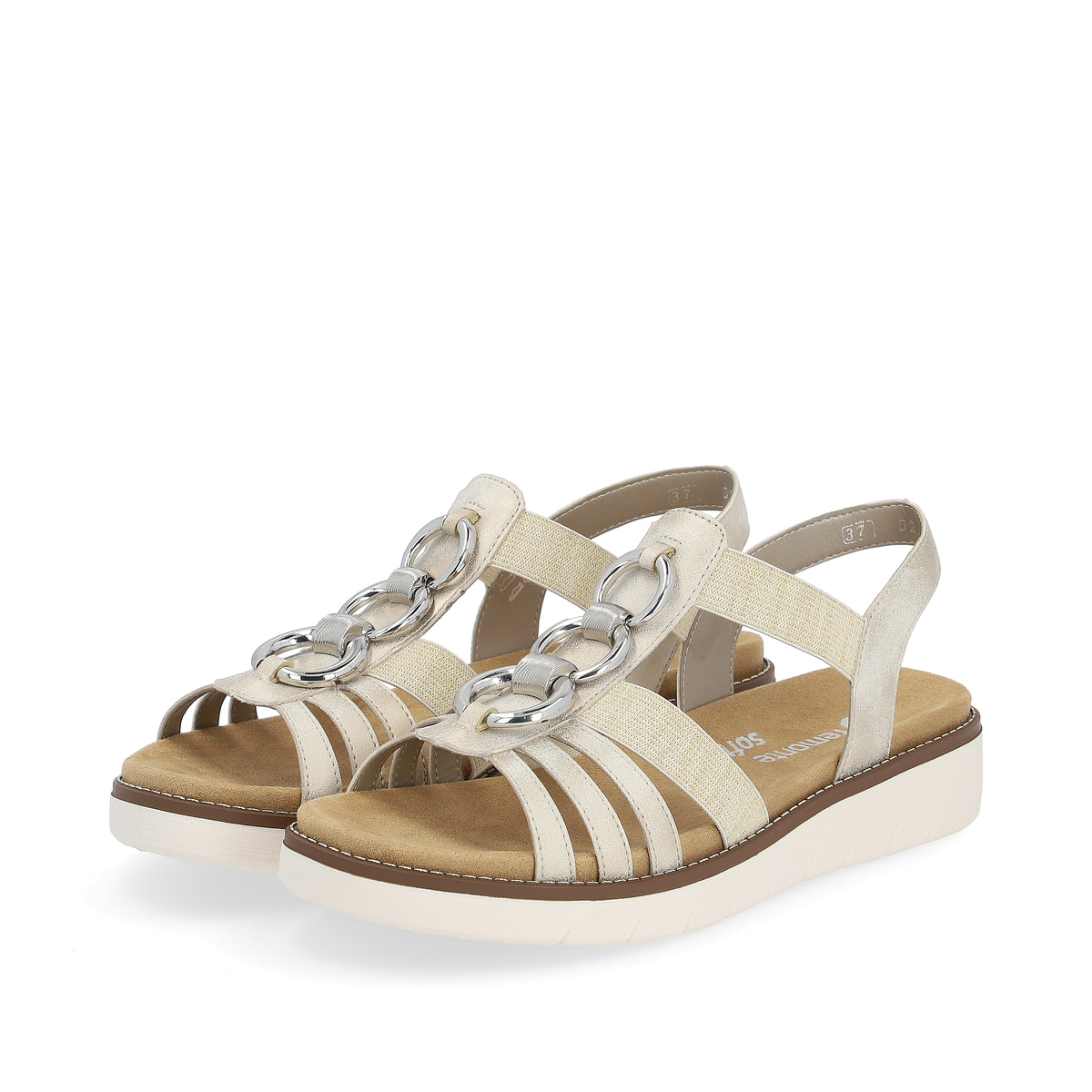 Beige vegane remonte Riemchensandalen D2073-60 mit einem Gummizug. Schuhpaar seitlich schräg.