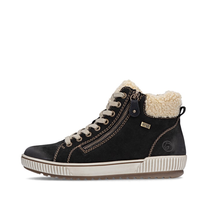 Schwarze remonte Damen Schnürstiefel D0770-03 mit wasserabweisender TEX-Membran. Schuh Außenseite.