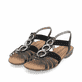 Graue remonte Riemchensandalen R3605-45 mit einem Gummizug sowie griffiger Sohle. Schuhpaar seitlich schräg.