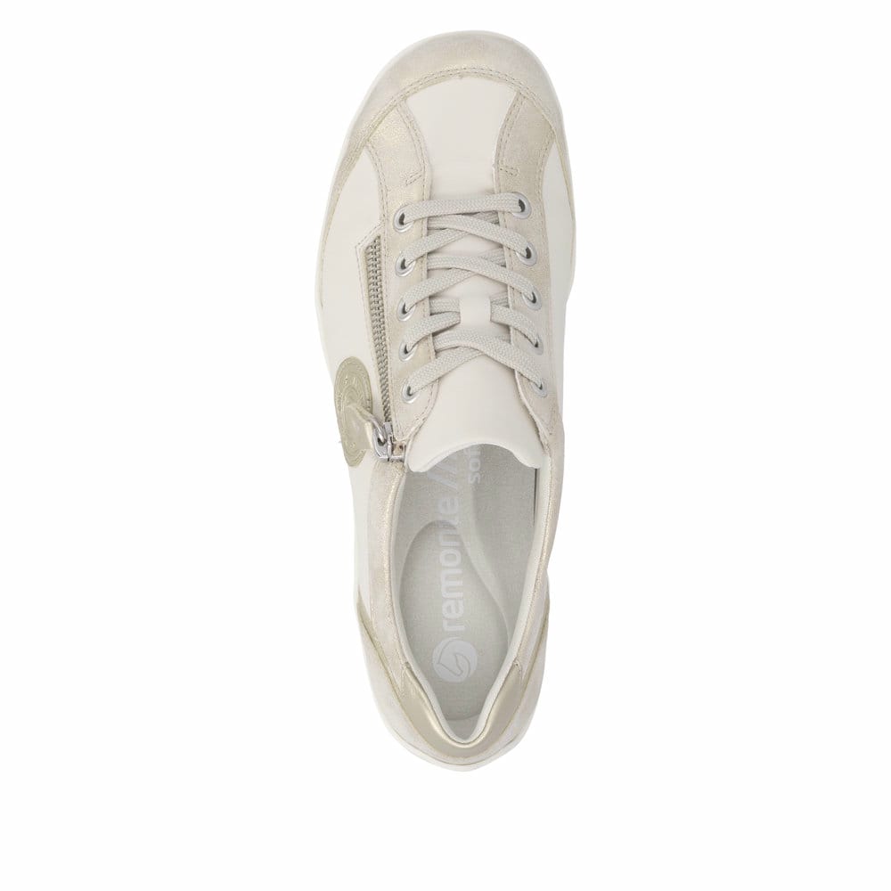 Beige vegane remonte Damen Schnürschuhe R3408-61 mit einem Reißverschluss. Schuh von oben.