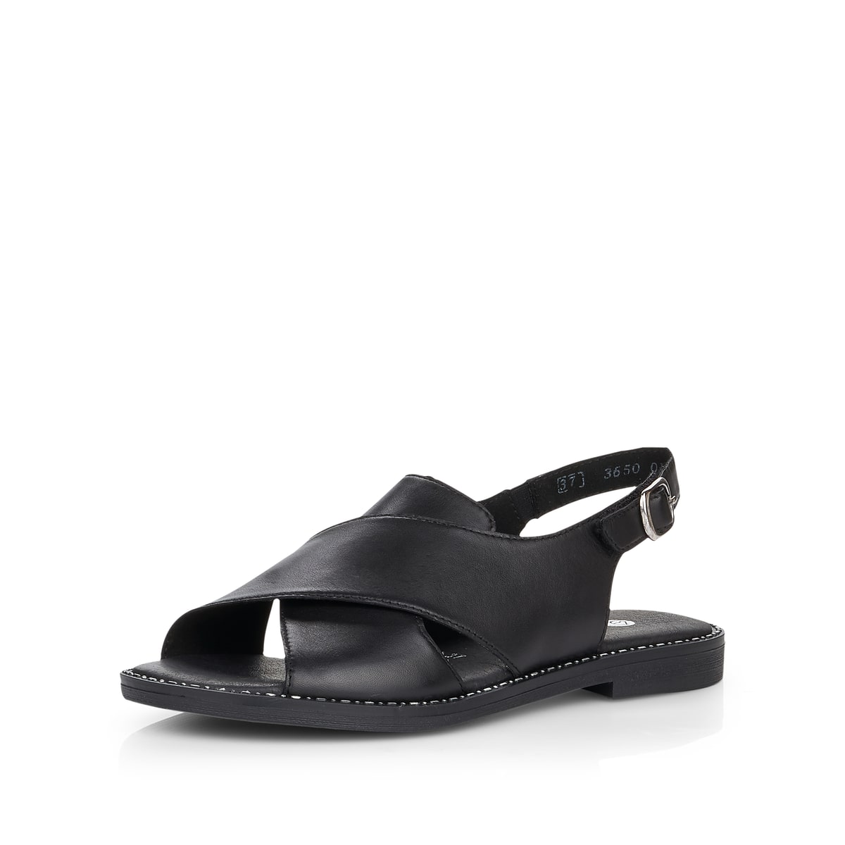 Tiefschwarze remonte Damen Riemchensandalen D3650-01 mit Klettverschluss. Schuh seitlich schräg.