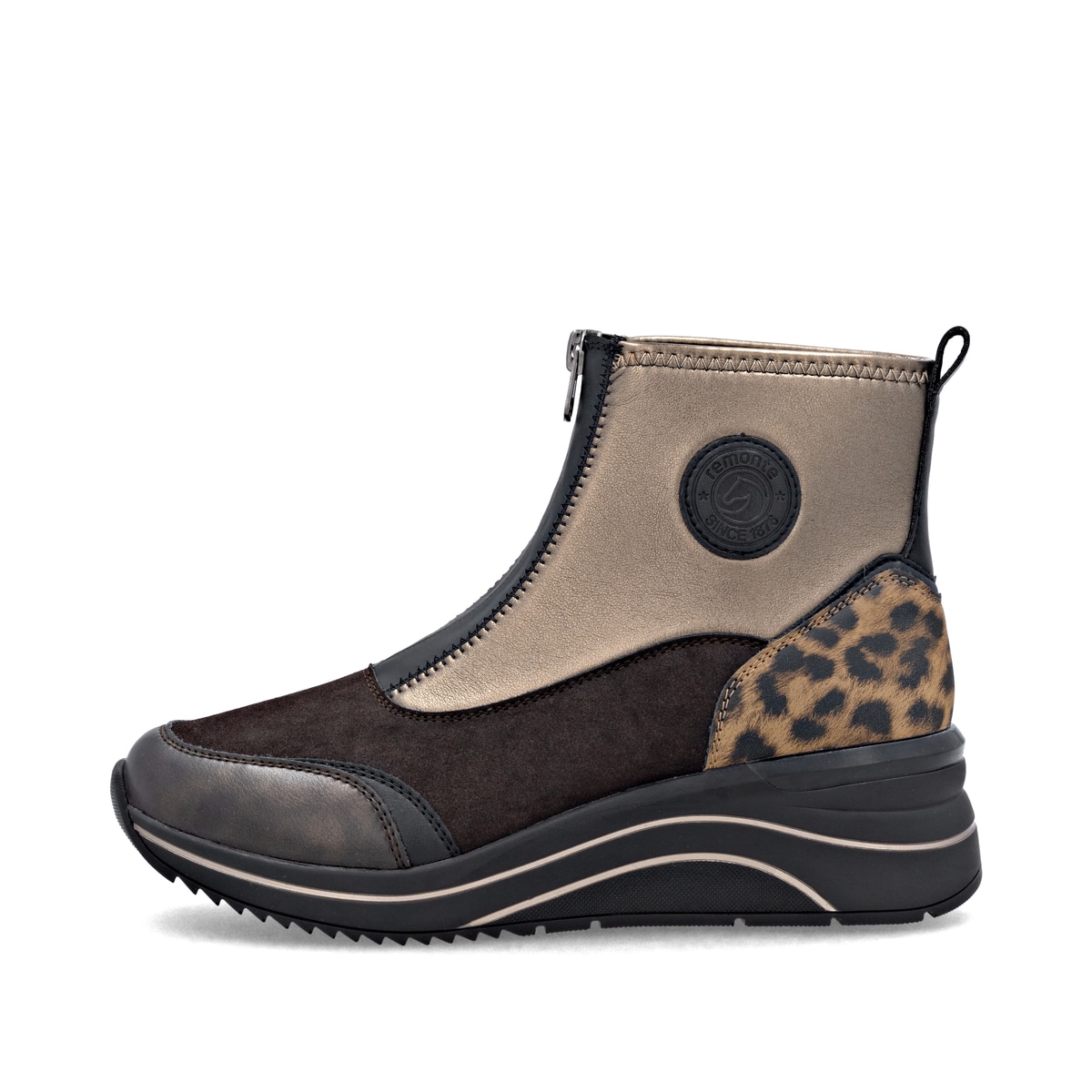 Vegane, dunkelbraun-bronzene remonte Damen Kurzstiefel D0T78-90. Schuh Außenseite.