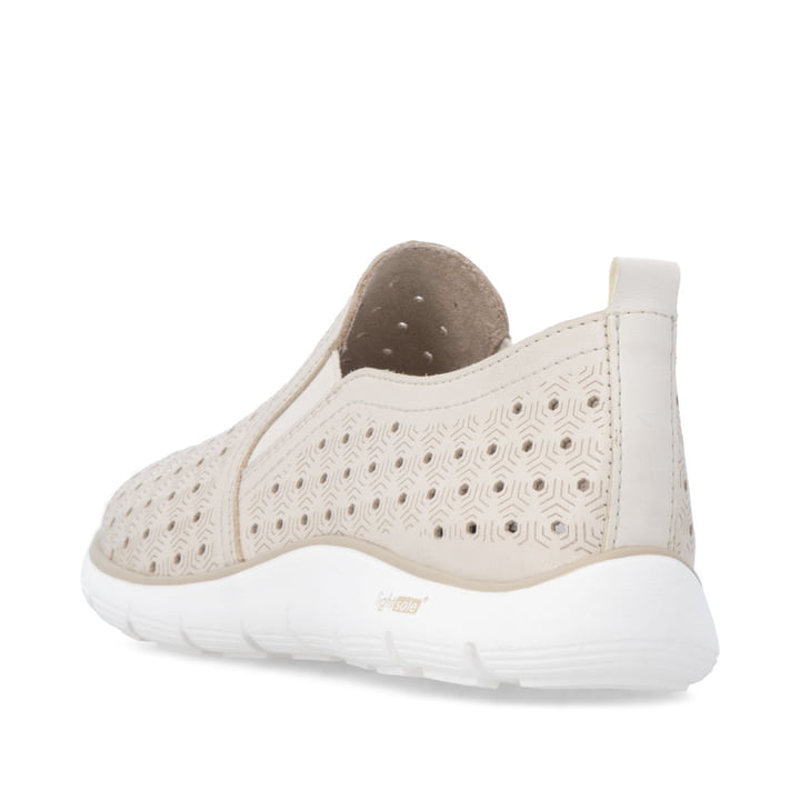 Beige remonte Damen Slipper D3G04-60 mit eleganten Zierlochungen sowie Gummizug. Schuh von hinten.