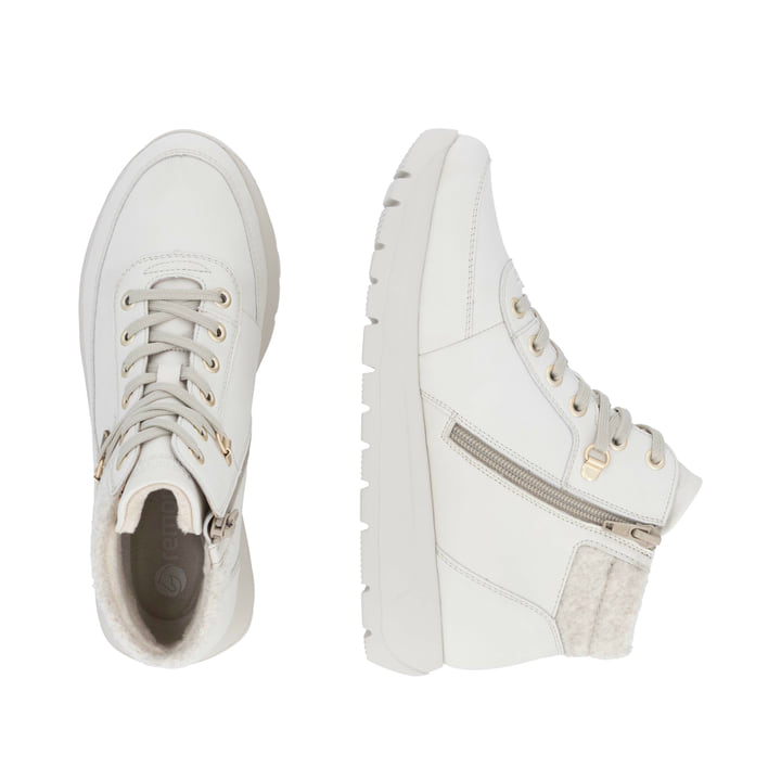 Weiße remonte Damen Kurzstiefel D2V71-80 mit wasserabweisender TEX-Membran. Schuh von oben, liegend.