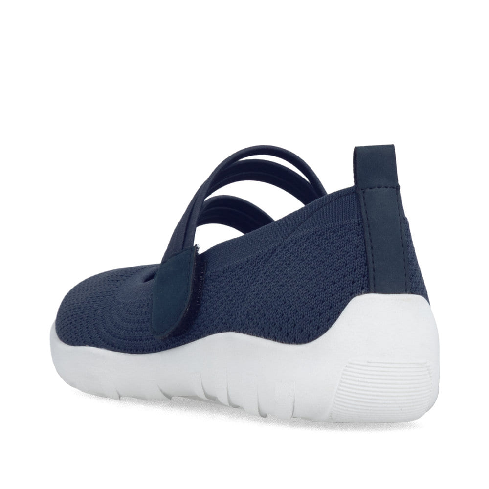 Blaue remonte Ballerinas R3519-14 mit einem Klettverschluss sowie Komfortweite G. Schuh von hinten.