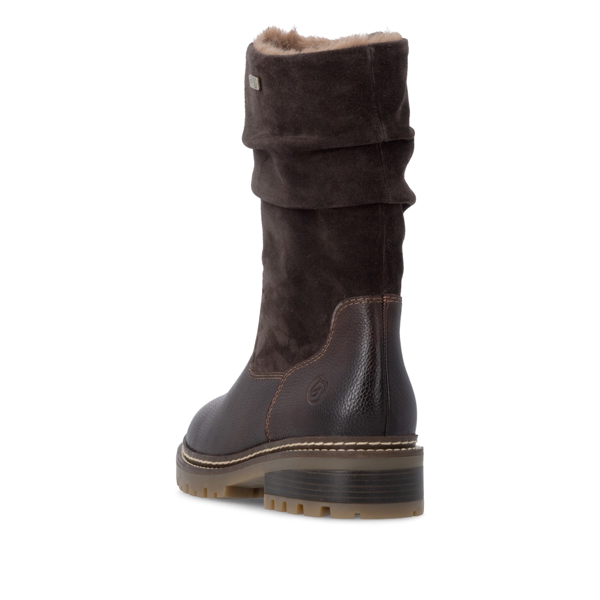 Dunkelbraune remonte Hochschaftstiefel D0B80-25. Schuh von hinten.