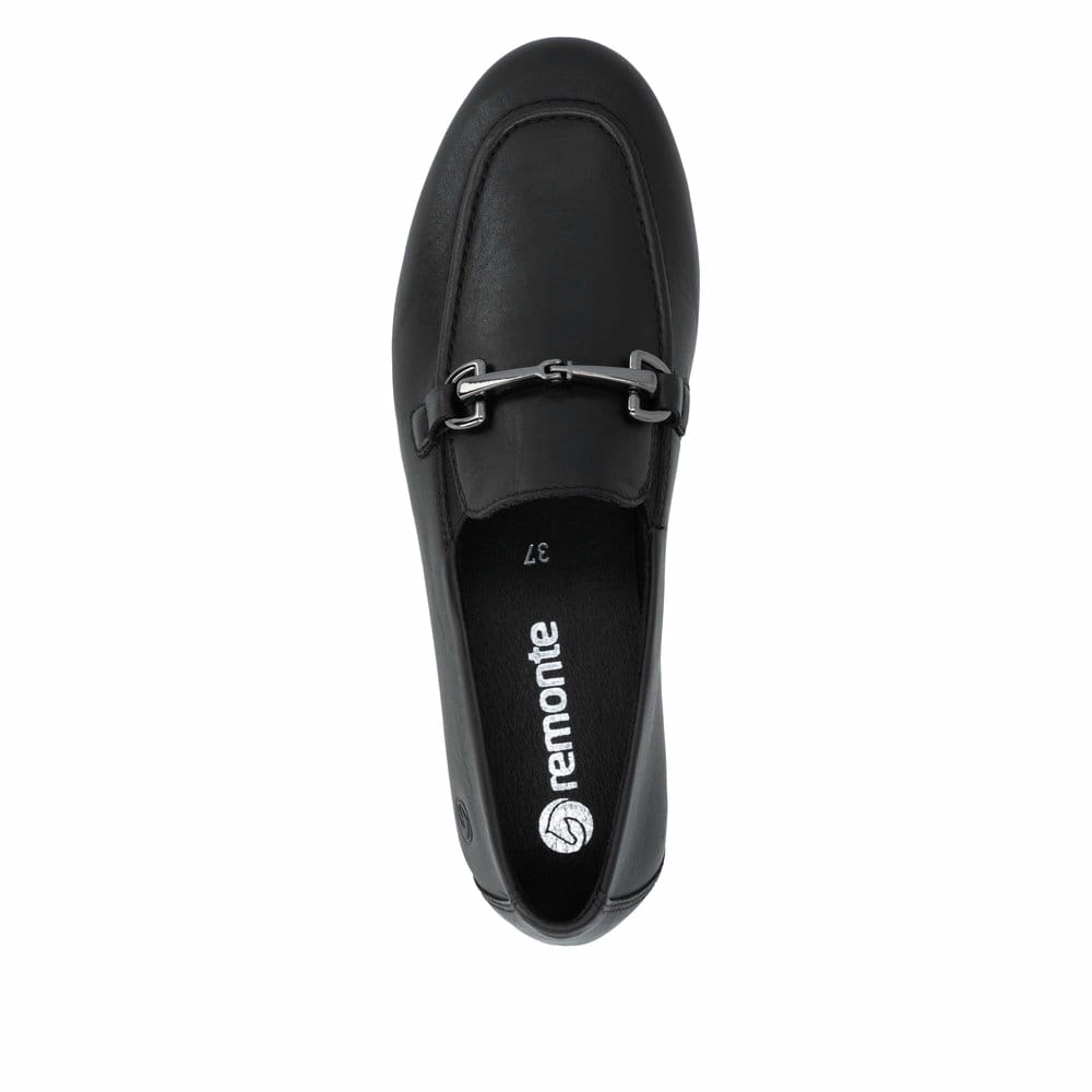 Schwarze remonte Damen Loafer D0K13-00 mit einem Gummizug. Schuh von oben.