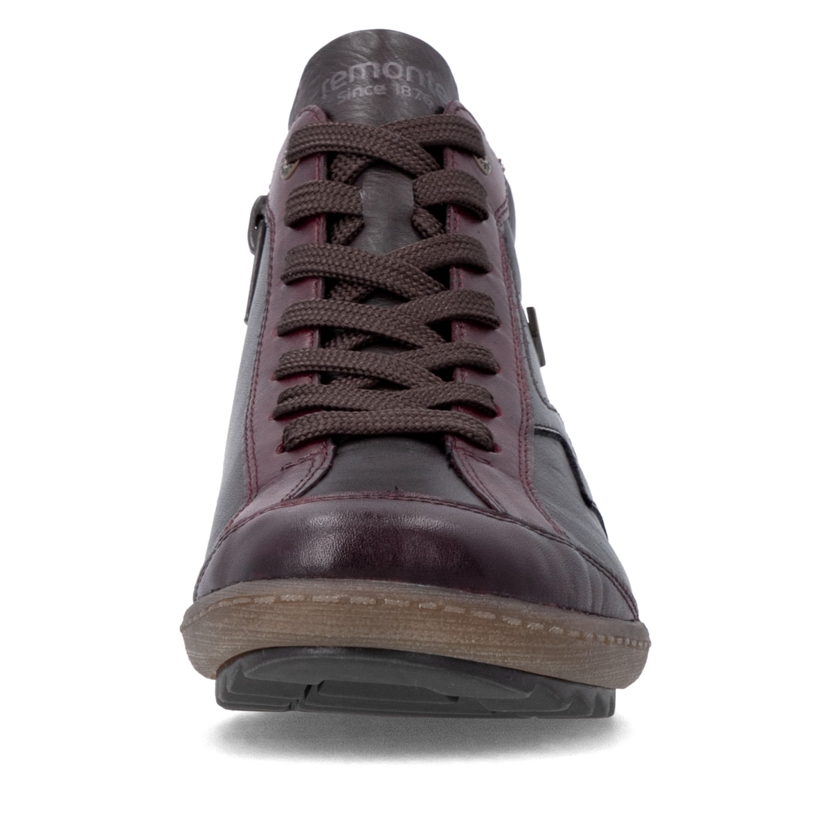 Bordeaux-dunkelbraune remonte Damen Schnürstiefel R1454-27. Schuh von vorne.