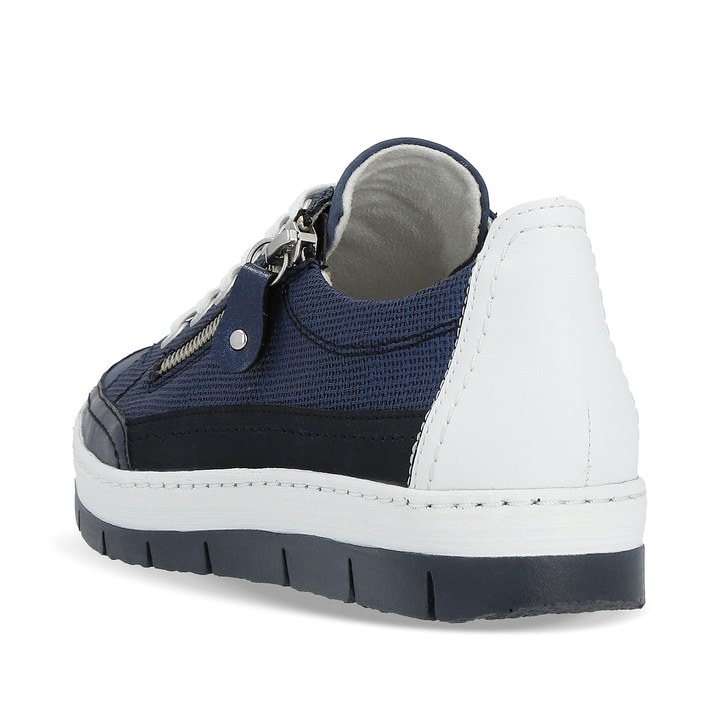 Blaue remonte Damen Sneaker Low D5826-15 mit einem Reißverschluss. Schuh von hinten.