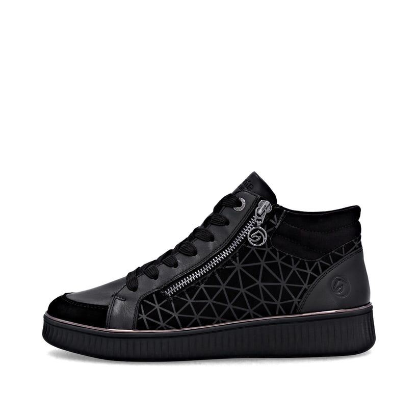 Schwarze remonte Damen Sneaker D2E70-00 mit Reißverschluss sowie Komfortweite G. Schuh Außenseite.