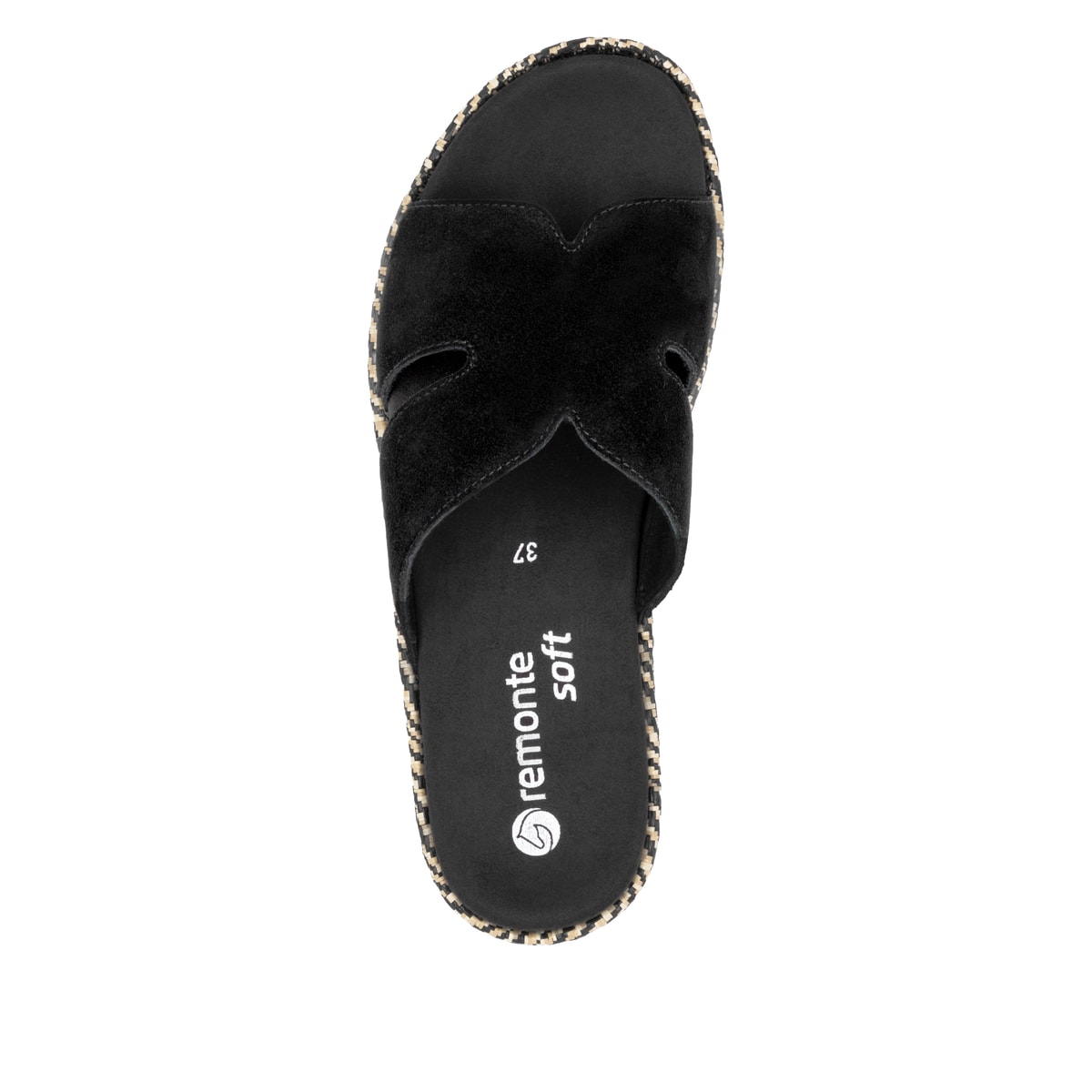 Schwarze remonte Damen Pantoletten D1N55-02 mit einem Gummizug. Schuh von oben.