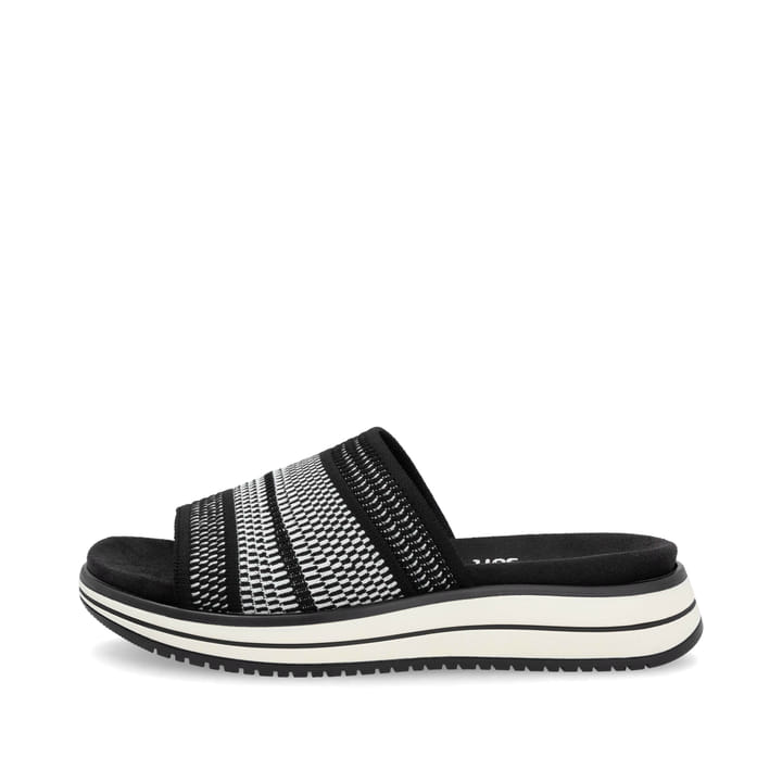 Schwarze remonte Damen Pantoletten D1J54-03 mit einem Gummizug. Schuh Außenseite.