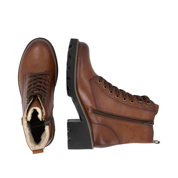 Braune remonte Damen Schnürstiefel D0A81-24 mit wasserabweisender TEX-Membran. Schuh von oben, liegend.
