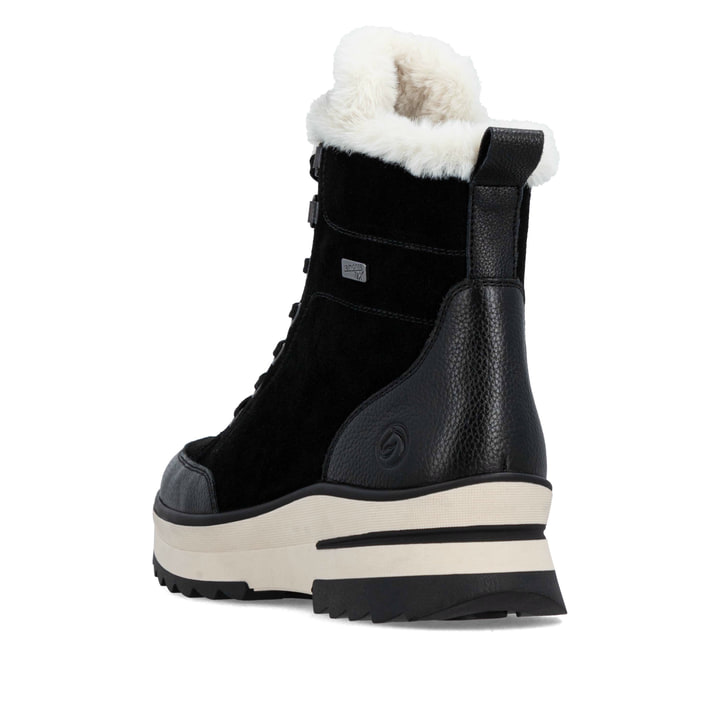 Schwarze remonte Damen Schnürstiefel D2B76-03 mit griffiger Glass-Fibre Sohle. Schuh von hinten.