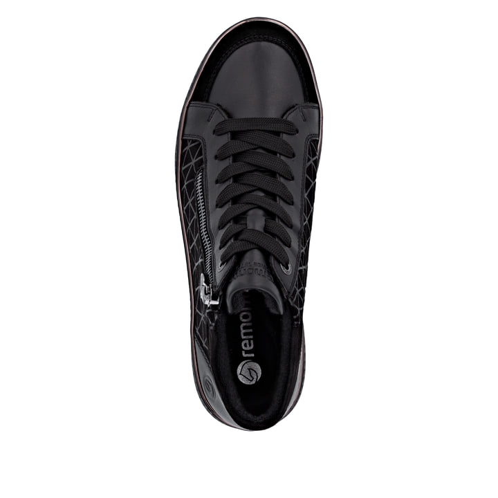 Schwarze remonte Damen Sneaker D2E70-00 mit Reißverschluss sowie Komfortweite G. Schuh von oben.