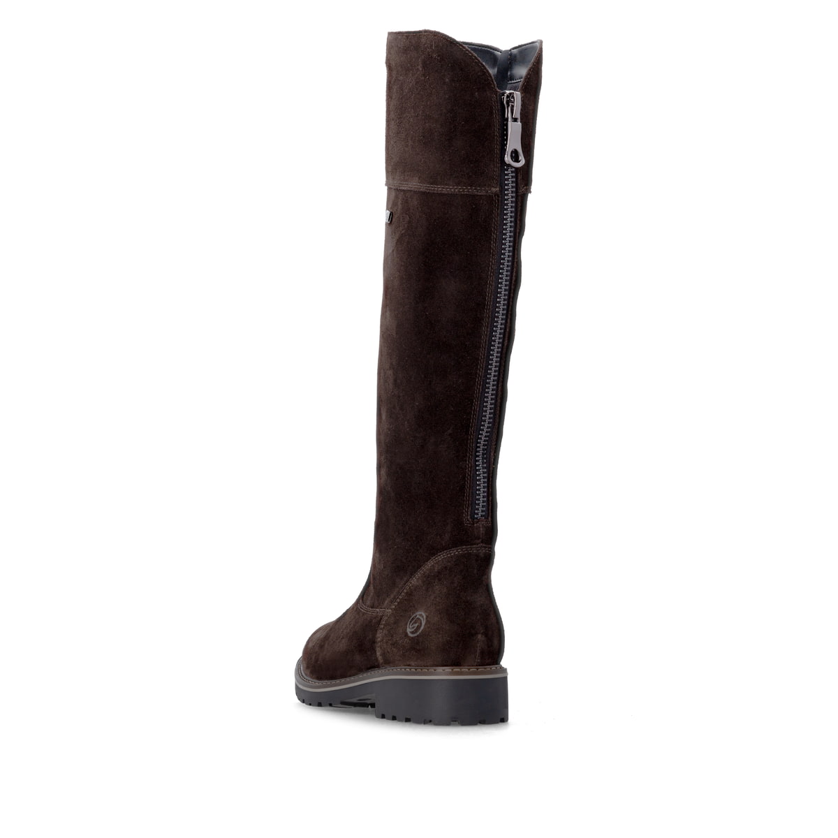 Dunkelbraune remonte Hochschaftstiefel R6581-25. Schuh von hinten.