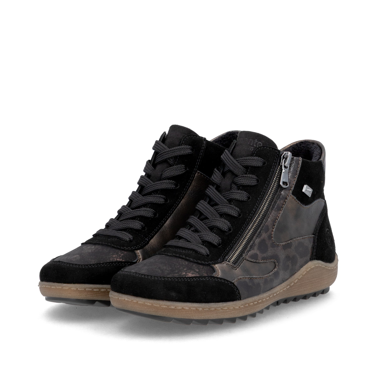 Schwarz-bronzene remonte Damen Schnürstiefel R1452-03 mit einem Reißverschluss. Schuhpaar seitlich schräg.