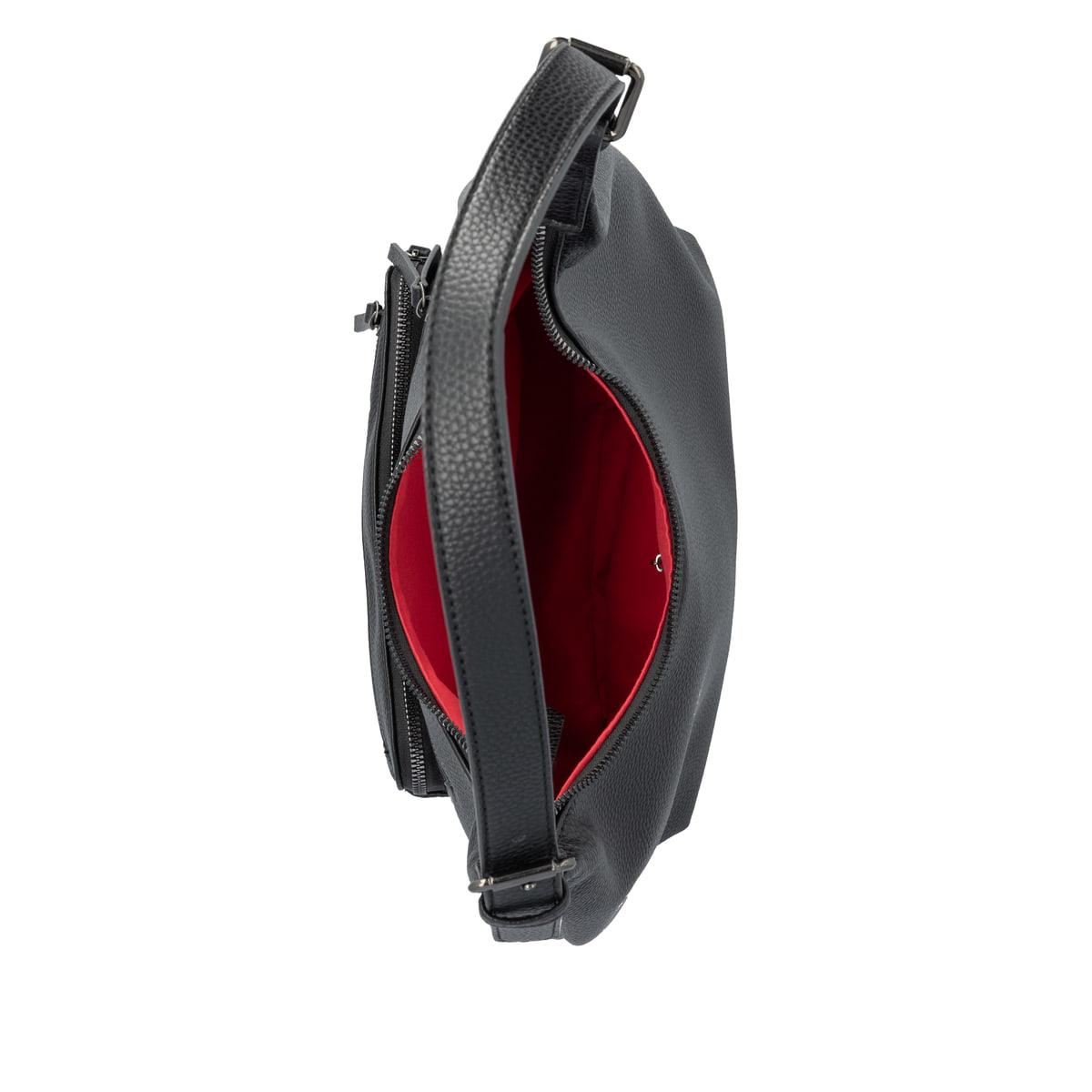 Sac bandoulière remonte Q0725-00 en noir avec un compartiment principal spacieux, fermeture éclair et deux poches extérieures. Ouvert.