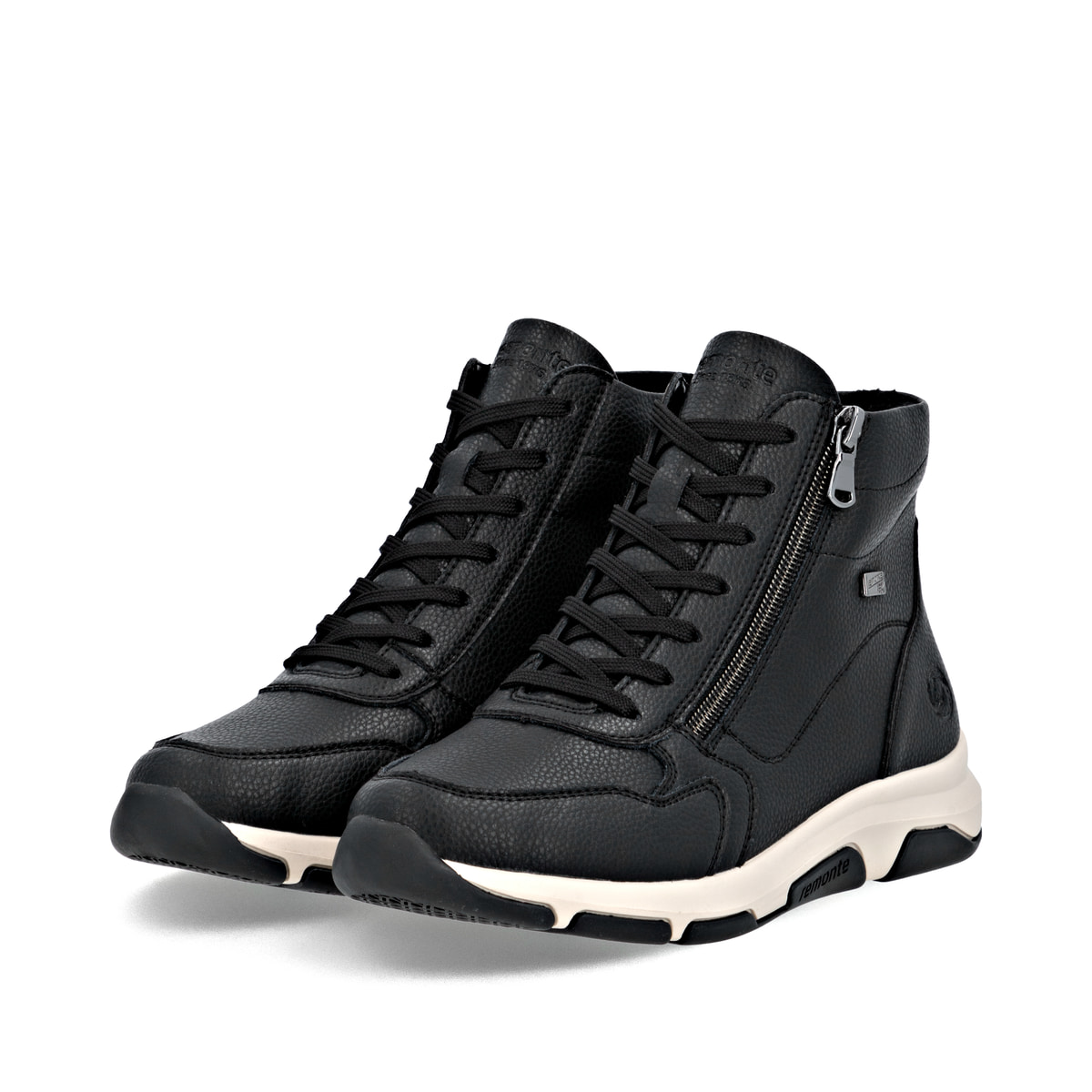 Schwarze remonte Damen Schnürstiefel D1S71-00 mit wasserabweisender TEX-Membran. Schuhpaar seitlich schräg.