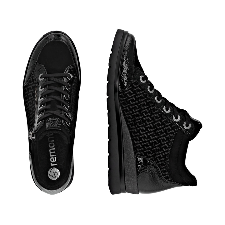 Schwarze remonte Damen Schnürstiefel R0773-05 mit einem Reißverschluss. Schuh von oben, liegend.