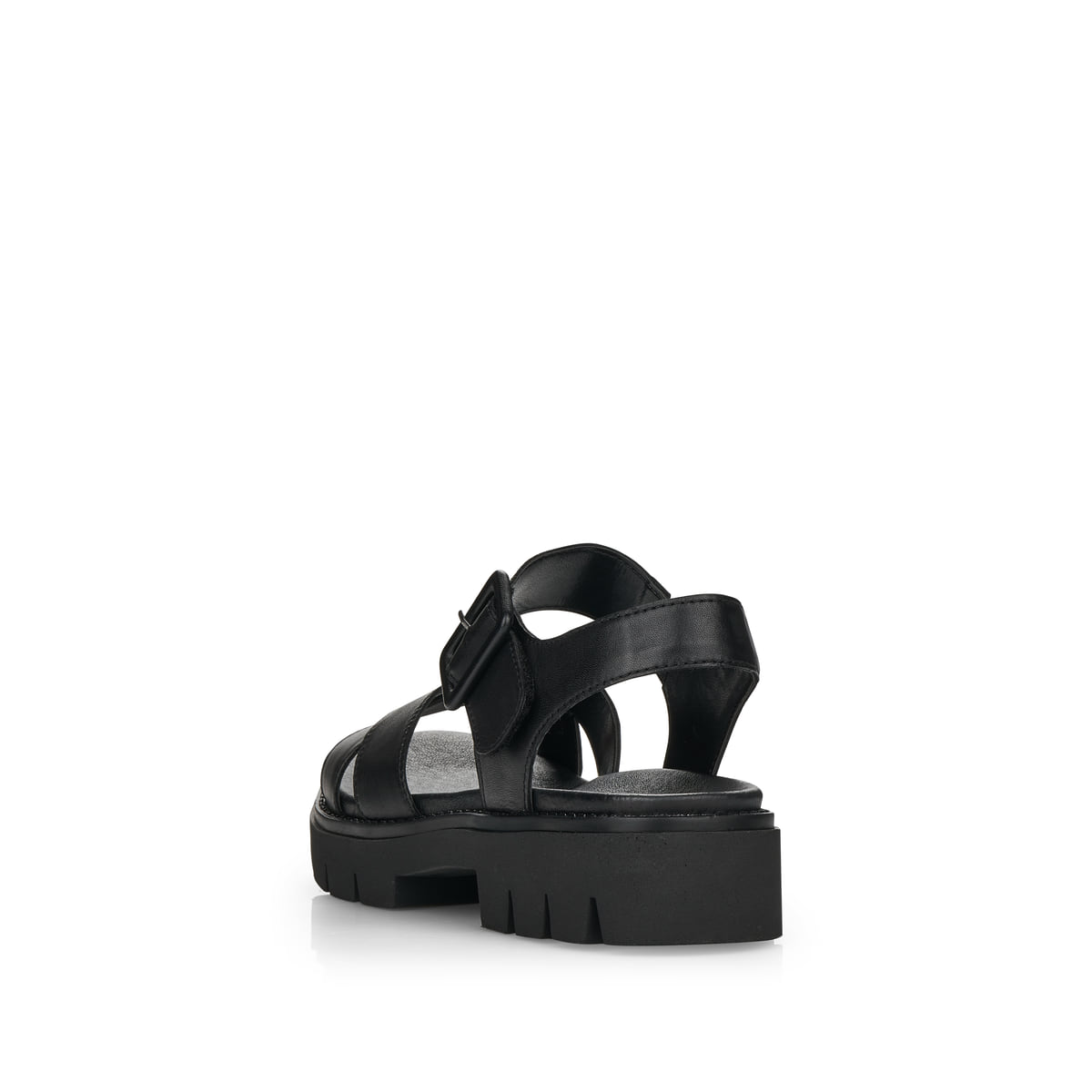 Schwarze remonte Riemchensandalen D7950-00 mit einem Klettverschluss. Schuh von hinten.