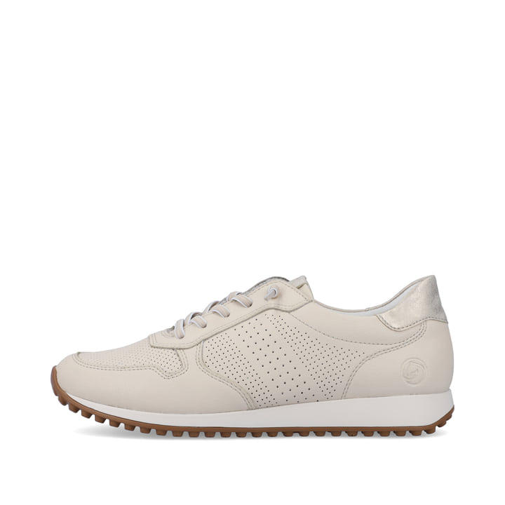 Beige remonte Damen Sneaker Low D3100-60 mit einer Schnürung. Schuh Außenseite.
