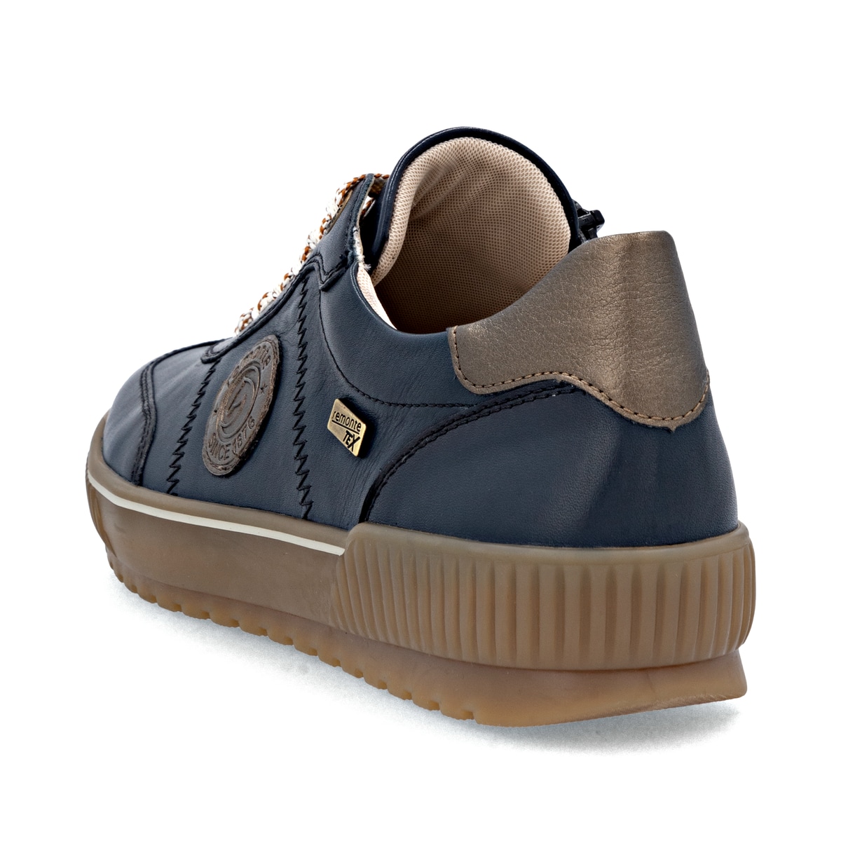 Blaue remonte Damen Sneaker D0702-14 mit wasserabweisender remonteTEX-Membran. Schuh von hinten.