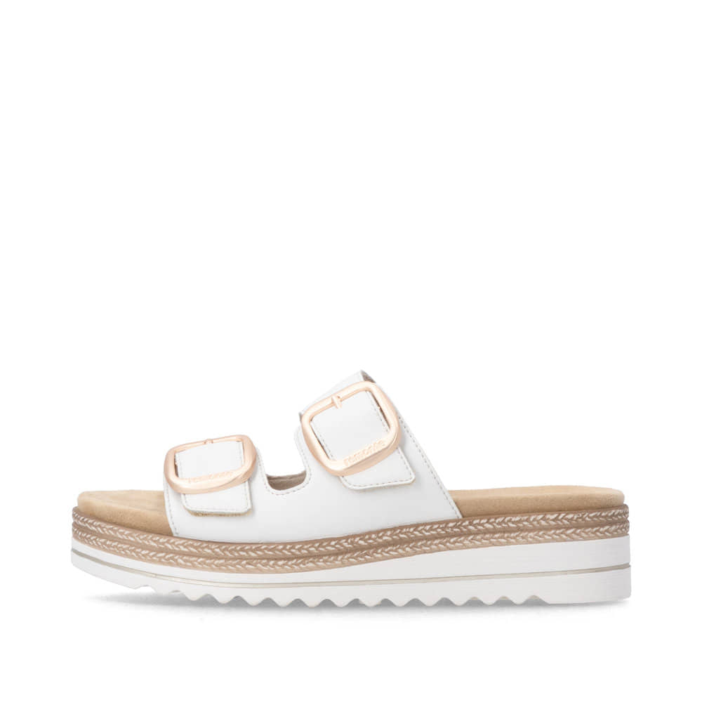 Weiße remonte Damen Pantoletten D0Q66-80 mit trendiger Schnalle. Schuh Außenseite.