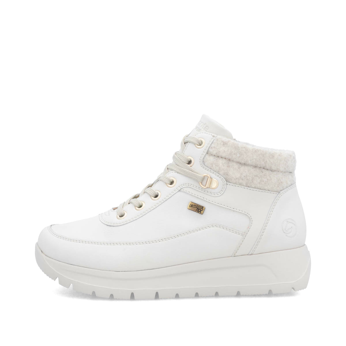 Weiße remonte Damen Kurzstiefel D2V71-80 mit wasserabweisender TEX-Membran. Schuh Außenseite.