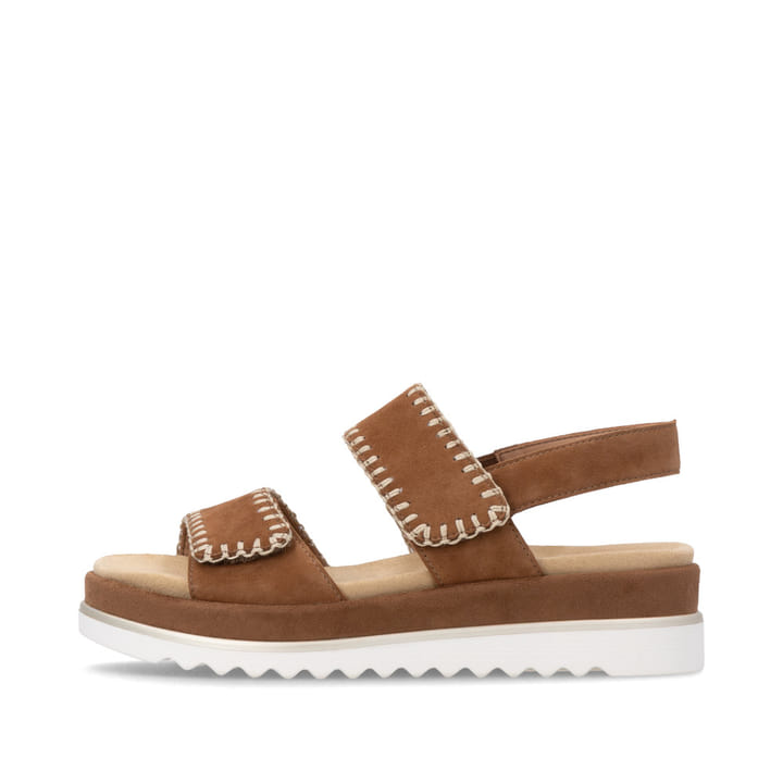 Braune remonte Riemchensandalen D3P50-22 mit handgestickten Nähten. Schuh Außenseite.