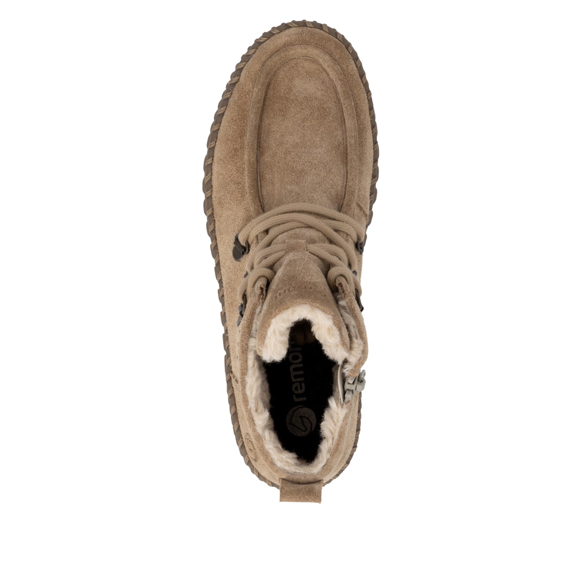 Camelfarbene remonte Damen Schnürstiefel D4A72-20 mit Mokassin-Optik. Schuh von oben.