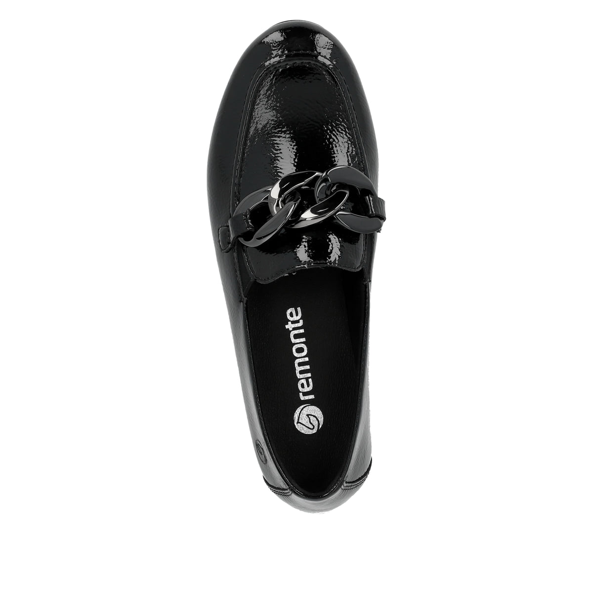 Mocassins remonte noir brillant pour femmes D0K00-01 avec chaîne à gros maillons. Vue d’en haut.