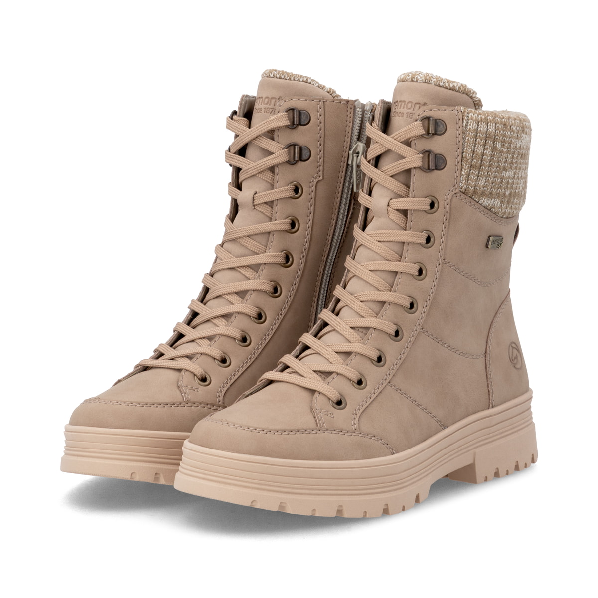Camelfarbene remonte Damen Schnürstiefel D2U70-21. Schuhpaar seitlich schräg.