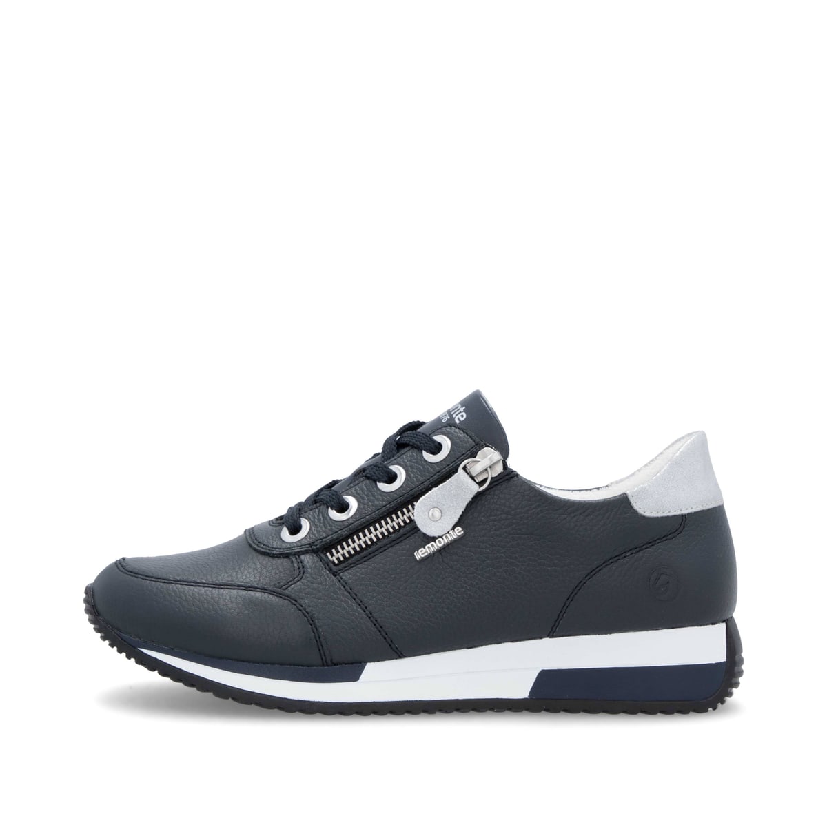 Blaue remonte Damen Sneaker Low D0H11-14 mit einem Reißverschluss. Schuh Außenseite.