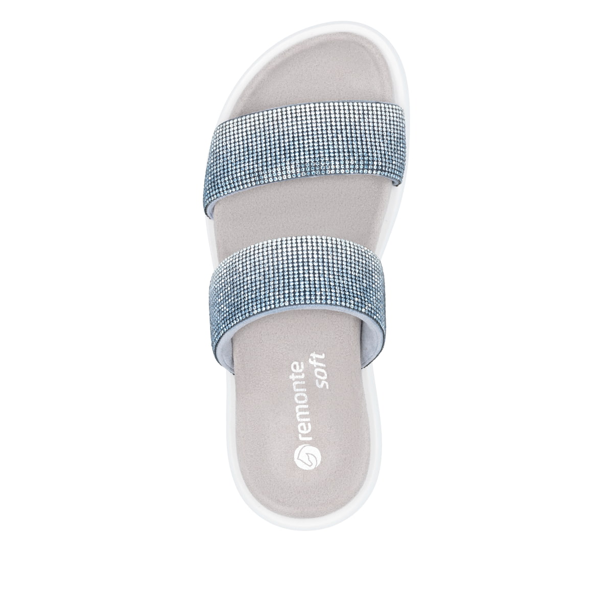 Blaue vegane remonte Damen Pantoletten D2N50-14 mit einem weichen Fußbett. Schuh von oben.