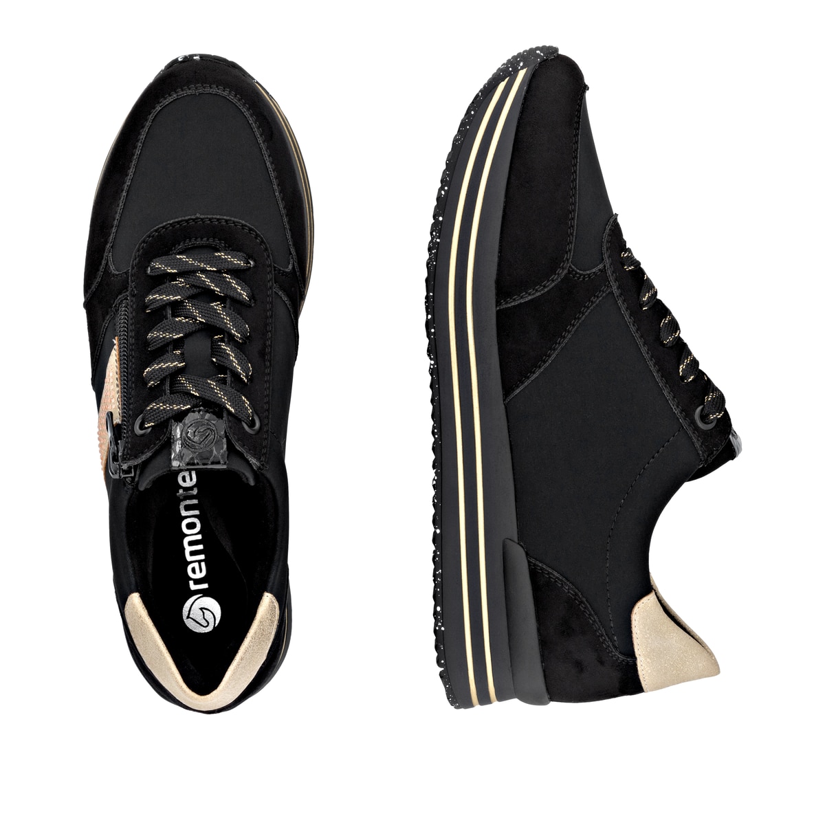 Schwarze remonte Damen Sneaker D1330-03 mit goldenen Details. Schuh von oben, liegend.