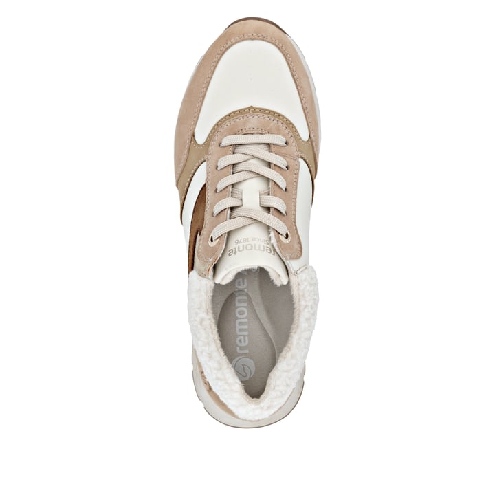Beige remonte Damen Sneaker D2G07-60 mit flauschigem Schaftrand sowie Schnürung. Schuh von oben.