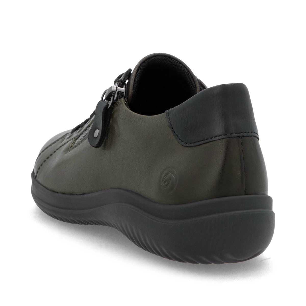 Grünschwarze remonte Damen Schnürschuhe D1E03-53 mit einem Reißverschluss. Schuh von hinten.
