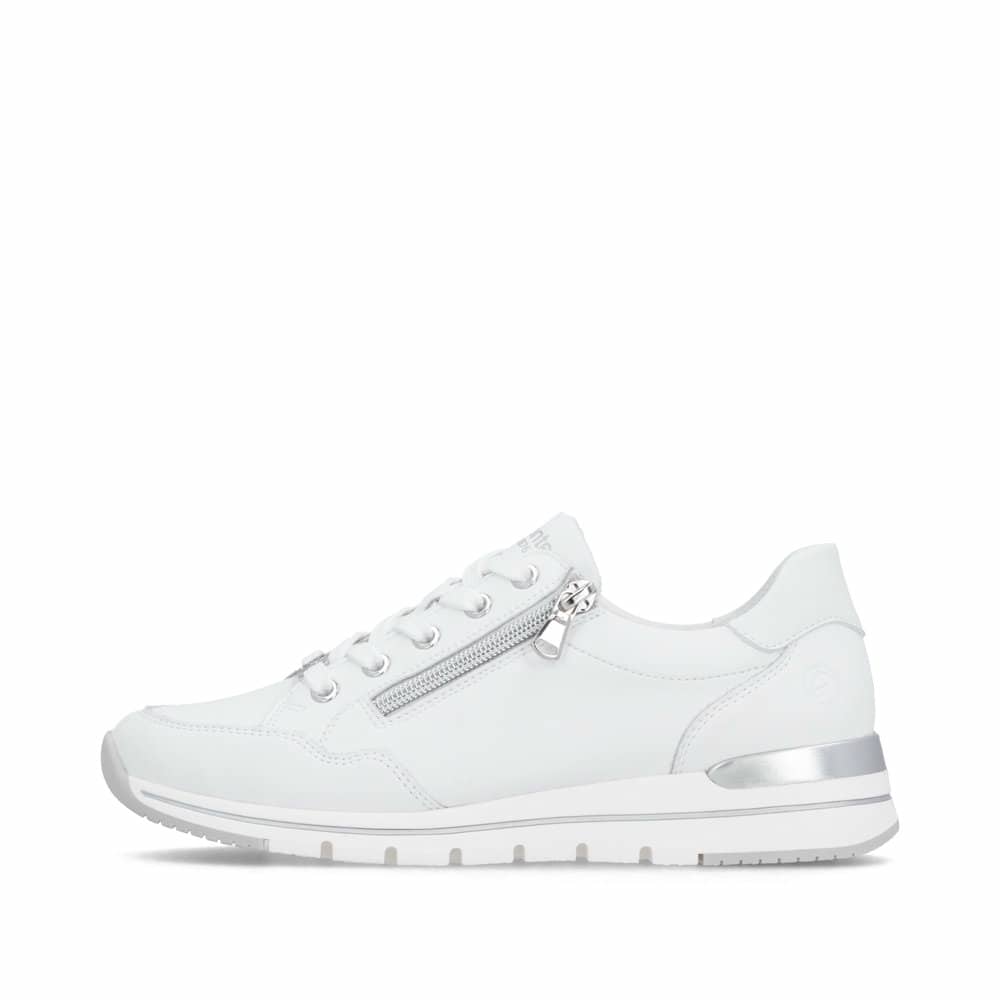 Baskets basses remonte blanches pour femme R6716-80 avec fermeture éclair. Côté extérieur de la chaussure.